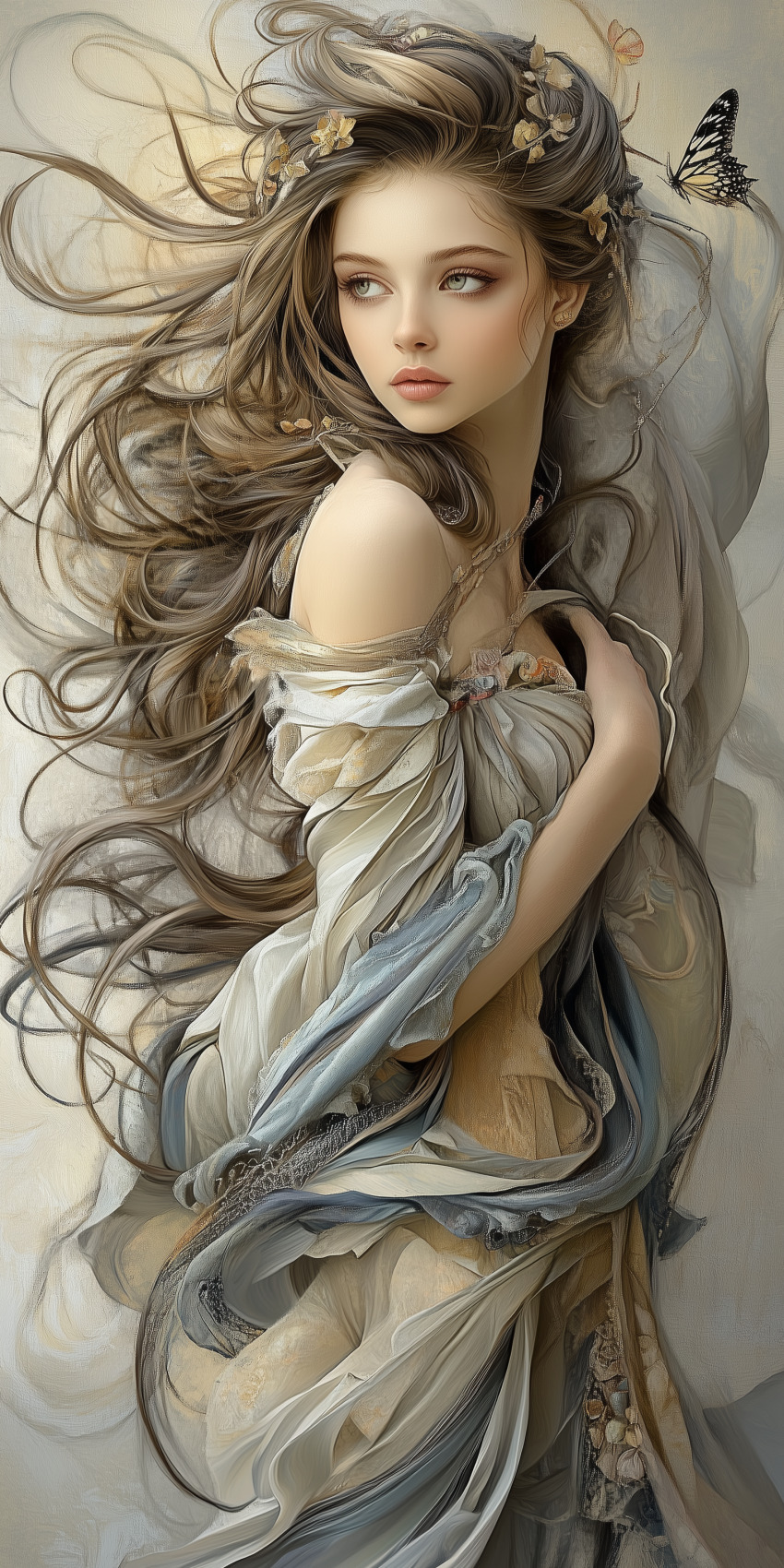 Fond d'écran Mobile Femme Cheveux Longs Châtains Papillon Couleurs Pastel