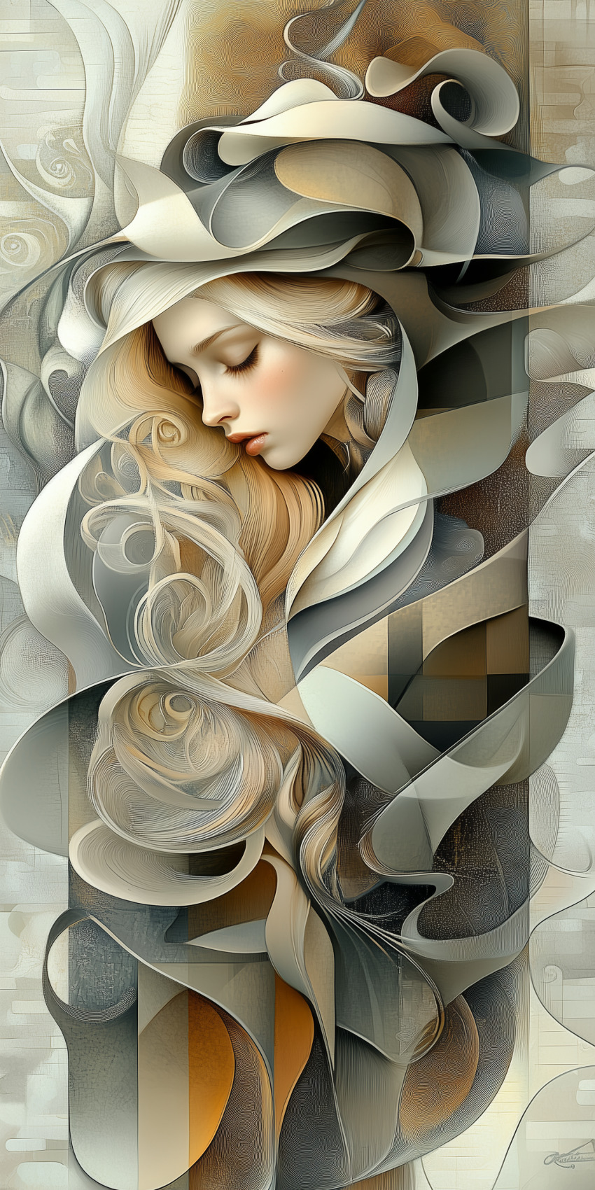 Fond d'écran Mobile HD Rêve Éthéré : Femme Blonde Paisible et Palette Beige Lumineuse