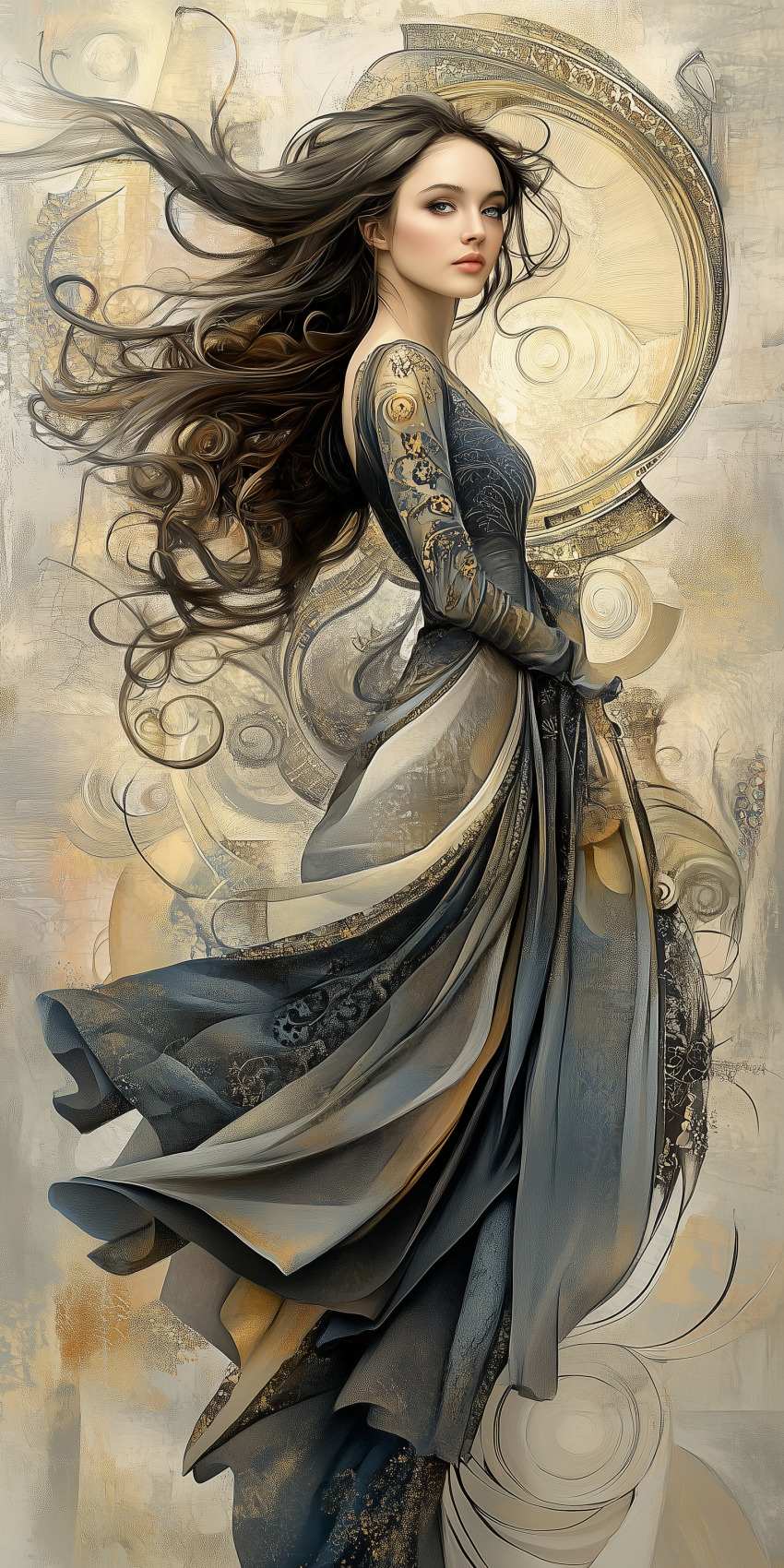 Fond d'écran Mobile HD Envoûtant : Femme aux Longs Cheveux Noirs et Palette Beige Dorée recherche par mots clés, femme sur un fond abstrait au pinceau minimaliste inspiration gustav klimt 13, texture