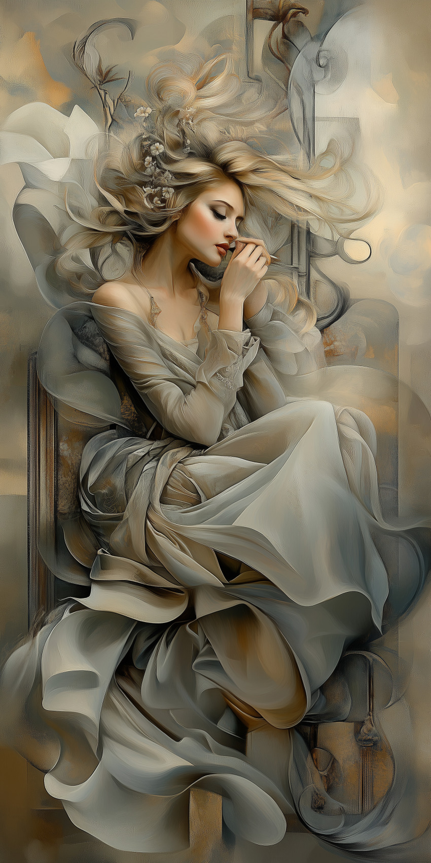 Fond d'écran Mobile HD Rêverie : Femme Blonde, Lumière Beige et Élégance Éthérée