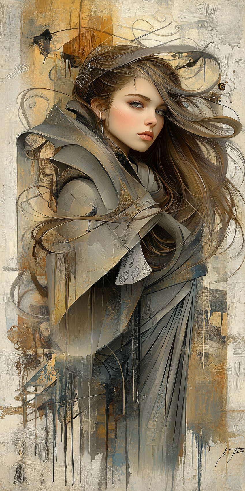 Fond d'écran Mobile HD Captivant : Femme Mystérieuse aux Cheveux Bruns, Palette Beige Grise