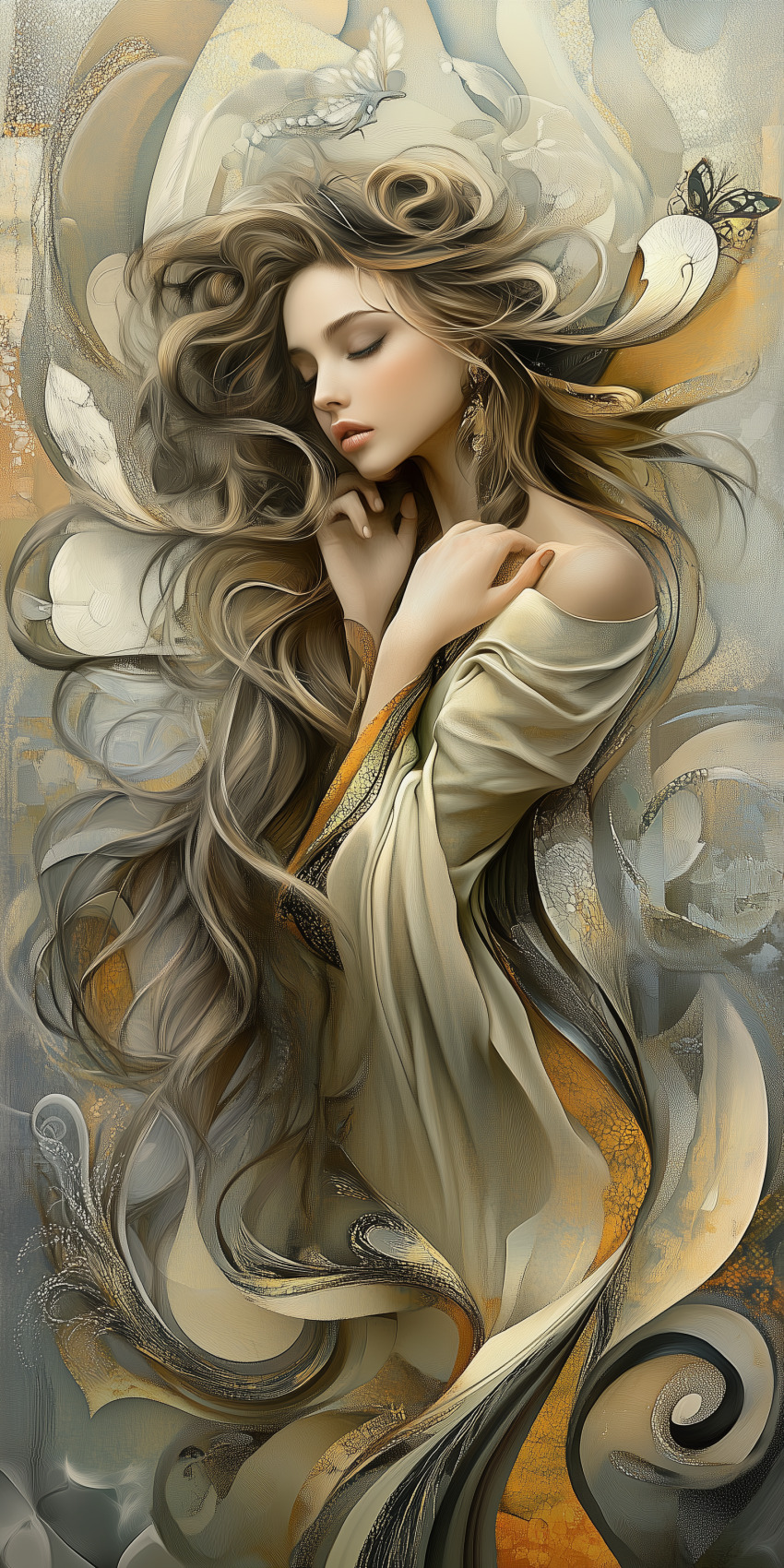 Fond d'écran Mobile HD Éthéré : Femme Brune, Papillons et Palette Beige Douce