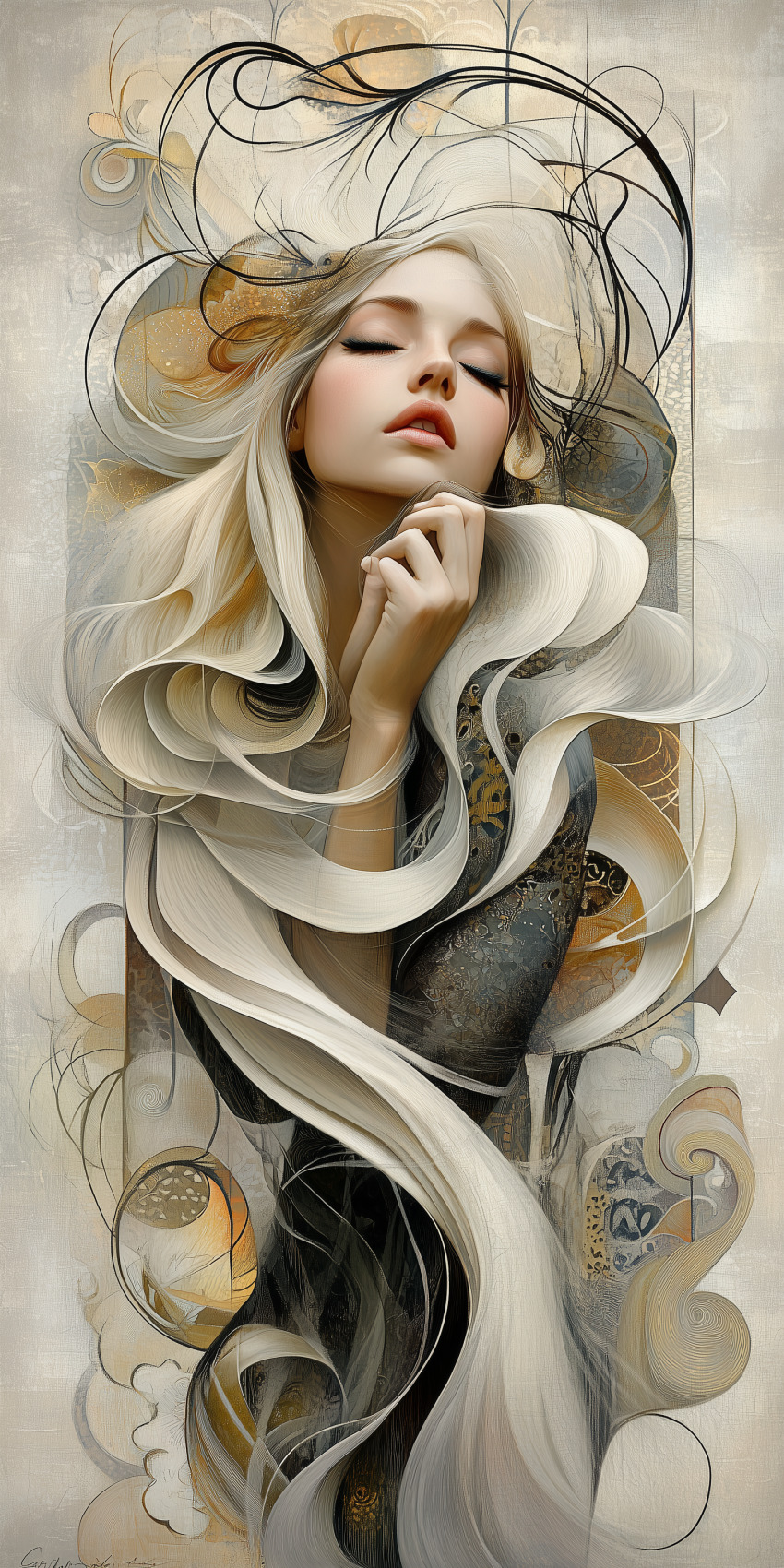 Fond d'écran Mobile HD Artistique : Femme Blonde Rêveuse et Palette de Couleurs Beige Neutre