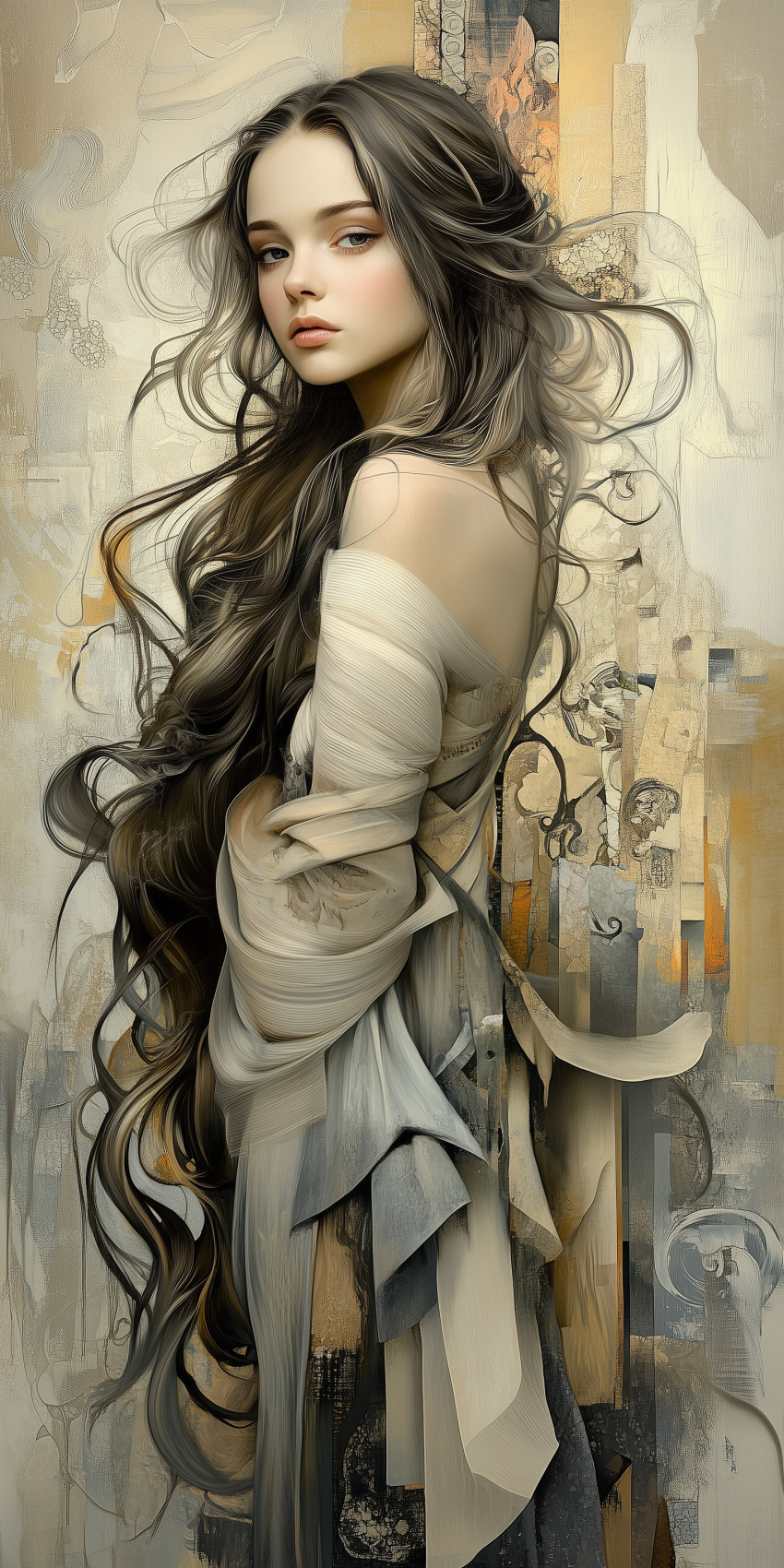 Fond d'écran Mobile HD Unique : Femme aux Cheveux Bruns Ondoyants et Palette Beige Neutre recherche par mots clés, femme sur un fond abstrait au pinceau minimaliste inspiration gustav klimt 21, texture