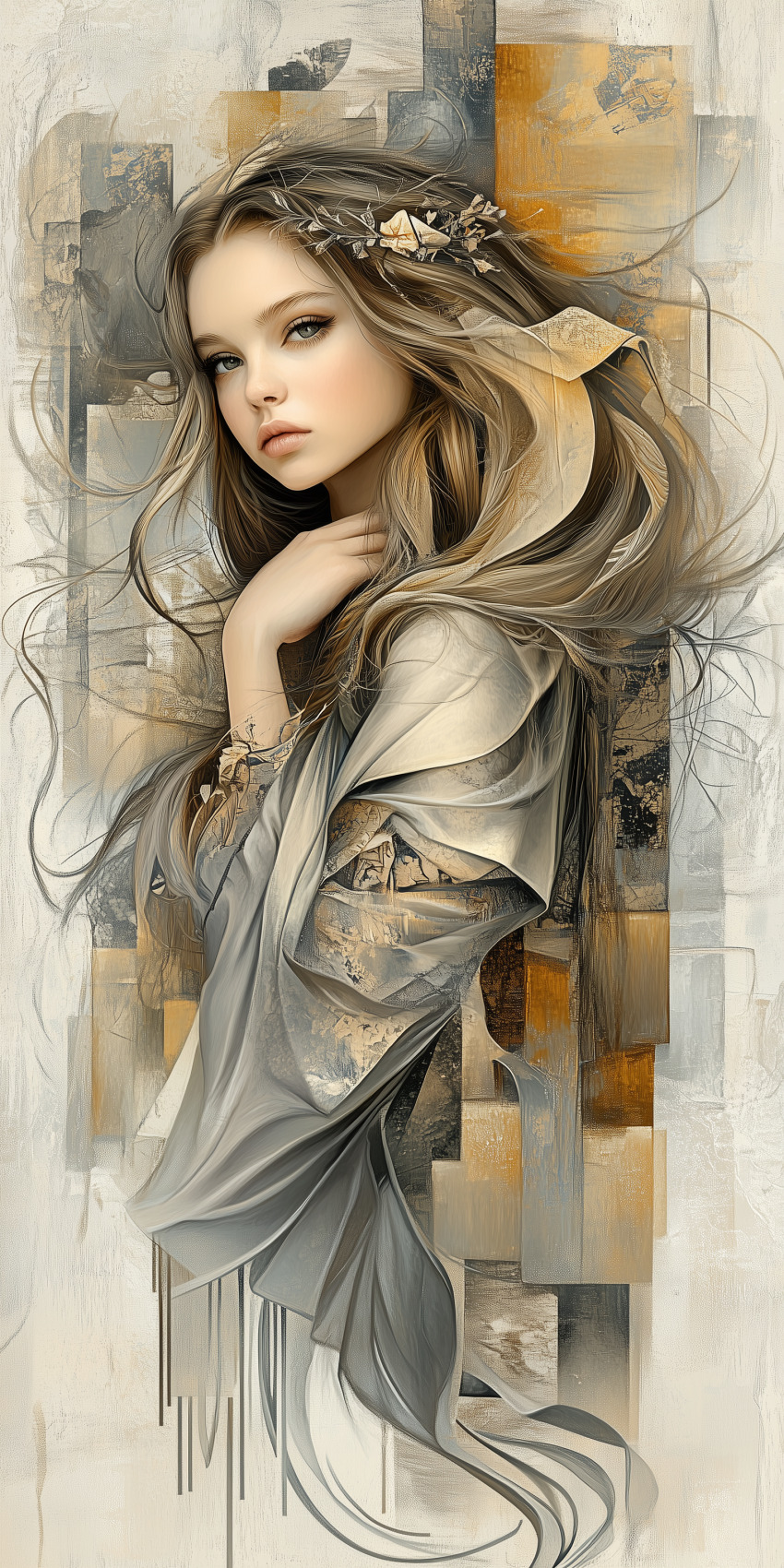 Fond d'écran Mobile HD Élégant : Jeune Femme Blonde Mystérieuse et Palette Beige Neutre