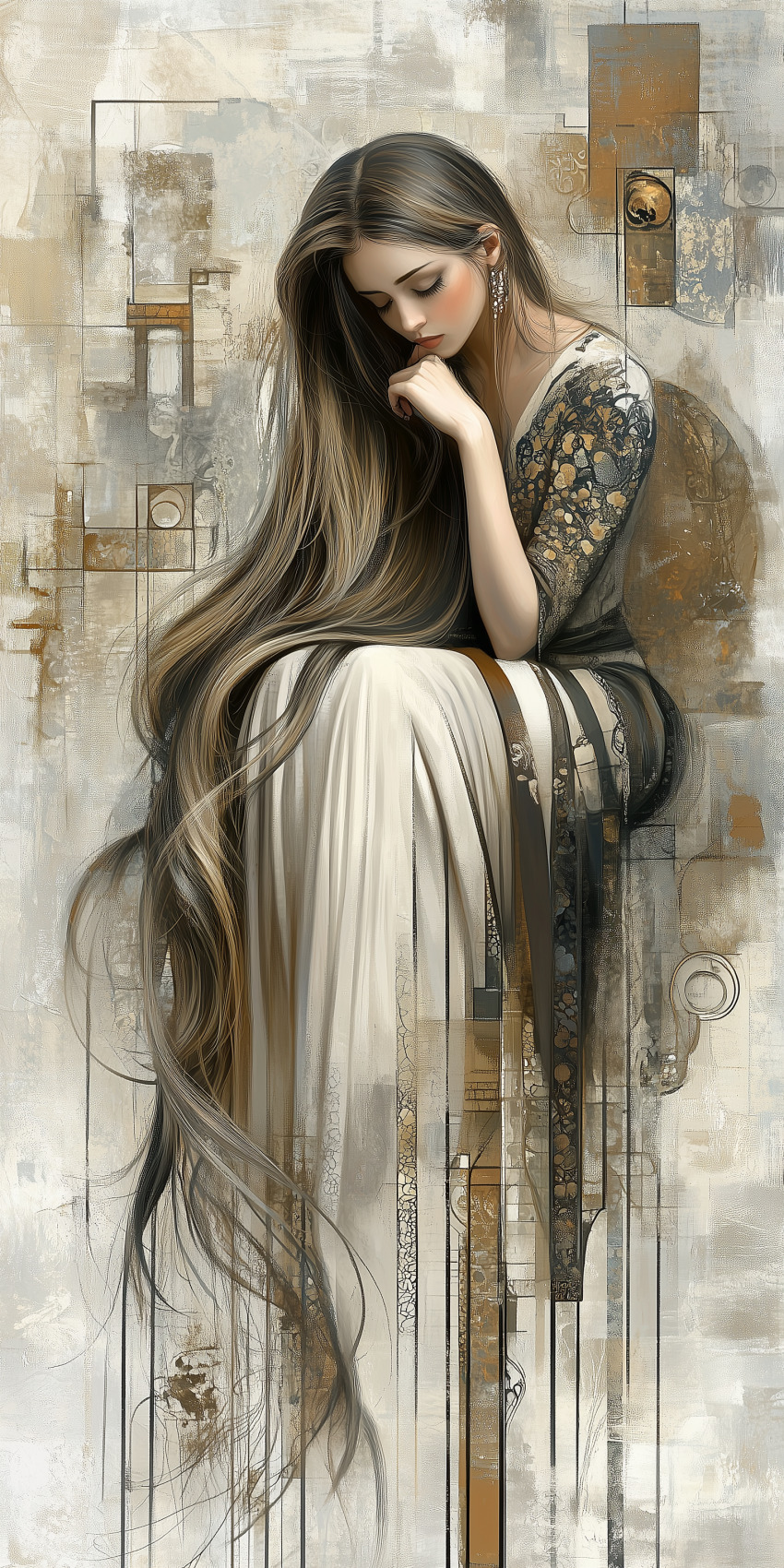 Fond d'écran Mobile HD Exceptionnel : Femme Pensive aux Longs Cheveux Bruns et Palette Beige Artistique