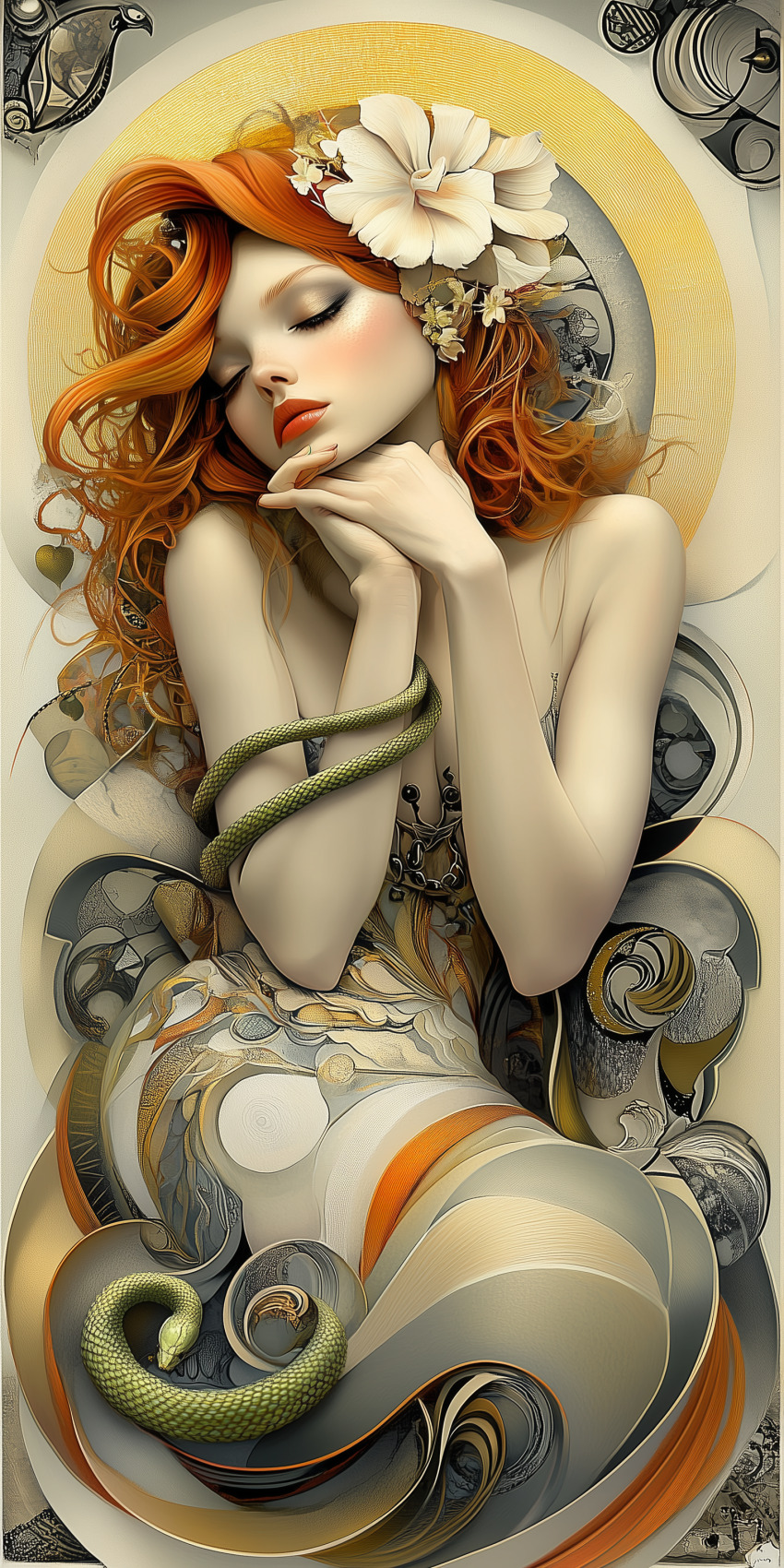 Fond d'écran Mobile Art Nouveau Exceptionnel : Femme Rousse et Serpent Vert Émeraude sur Fond Or