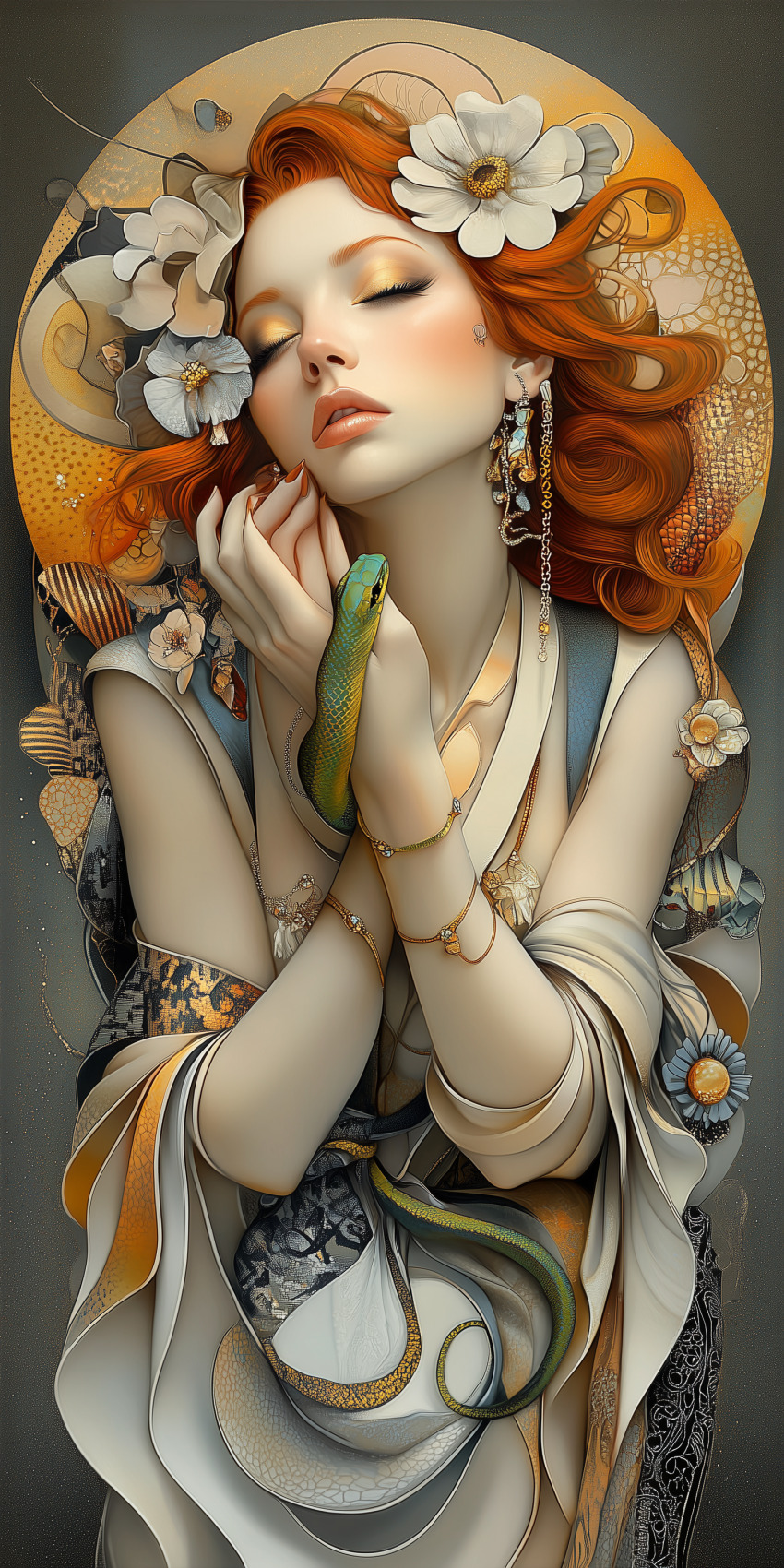 Fond d'Écran Mobile HD - Femme Rousse Mystique en Art Nouveau recherche par mots clés, femme sur un fond abstrait au pinceau minimaliste inspiration gustav klimt 27, mobile