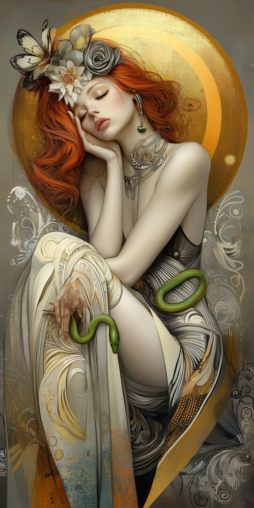 Femme sur un fond abstrait au pinceau minimaliste inspiration gustav klimt 28