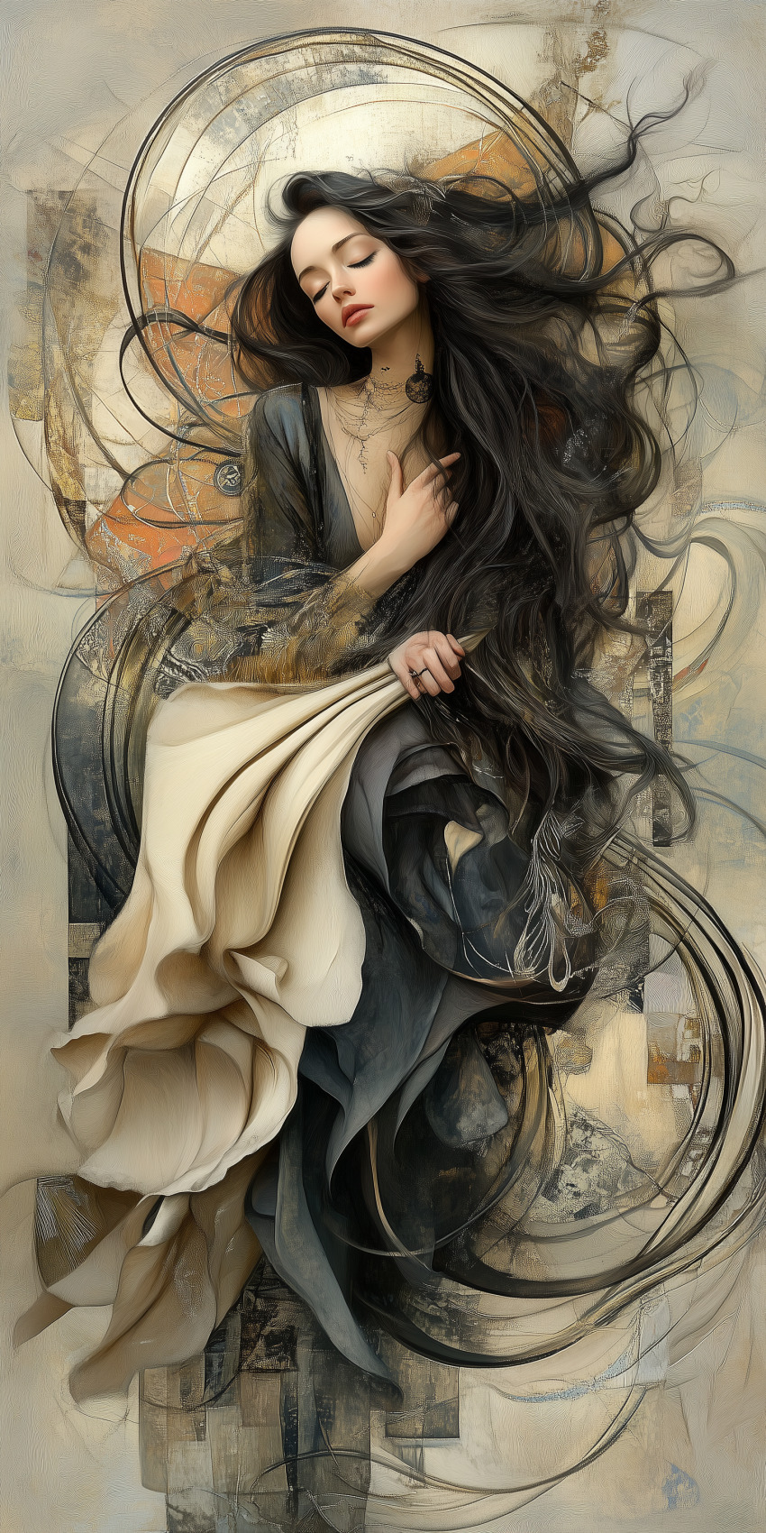 Fond d'écran Mobile d'Art : Portrait Intense de Femme aux Cheveux Ébène et Drapé Lumineux - Élégance Dramatique