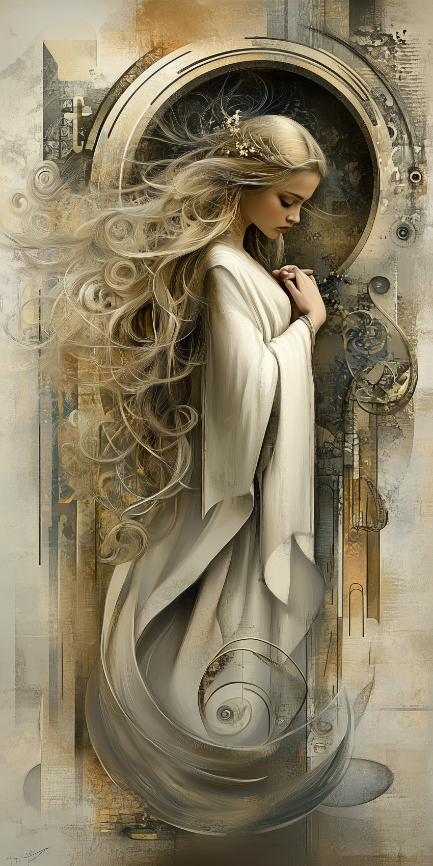 Fond d'écran Mobile d'Art : Portrait de Femme Élégante en Robe Blanche - Sérénité et Grâce