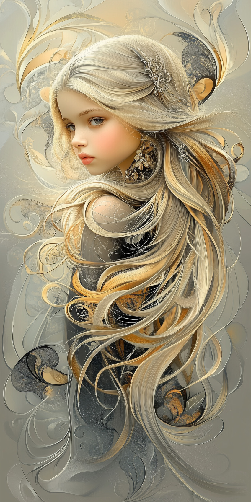 Fond d'écran Mobile Féérique : Portrait de Jeune Fille Blonde aux Cheveux d'Or et Argent - Rêve et Enchantement