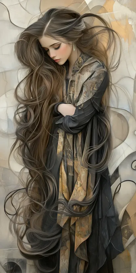 Fond d'écran Mobile HD Unique : Femme aux Cheveux Bruns Longs et Fluides, Palette Beige Douce