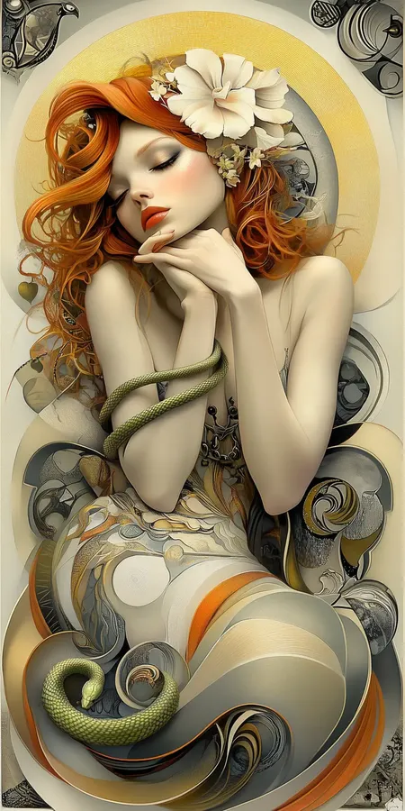 Fond d'écran Mobile Art Nouveau Exceptionnel : Femme Rousse et Serpent Vert Émeraude sur Fond Or