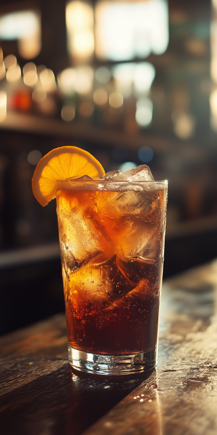 Fond d'écran Mobile Boisson Ambrée Glacée : Ambiance Bar et Détails Éclatants