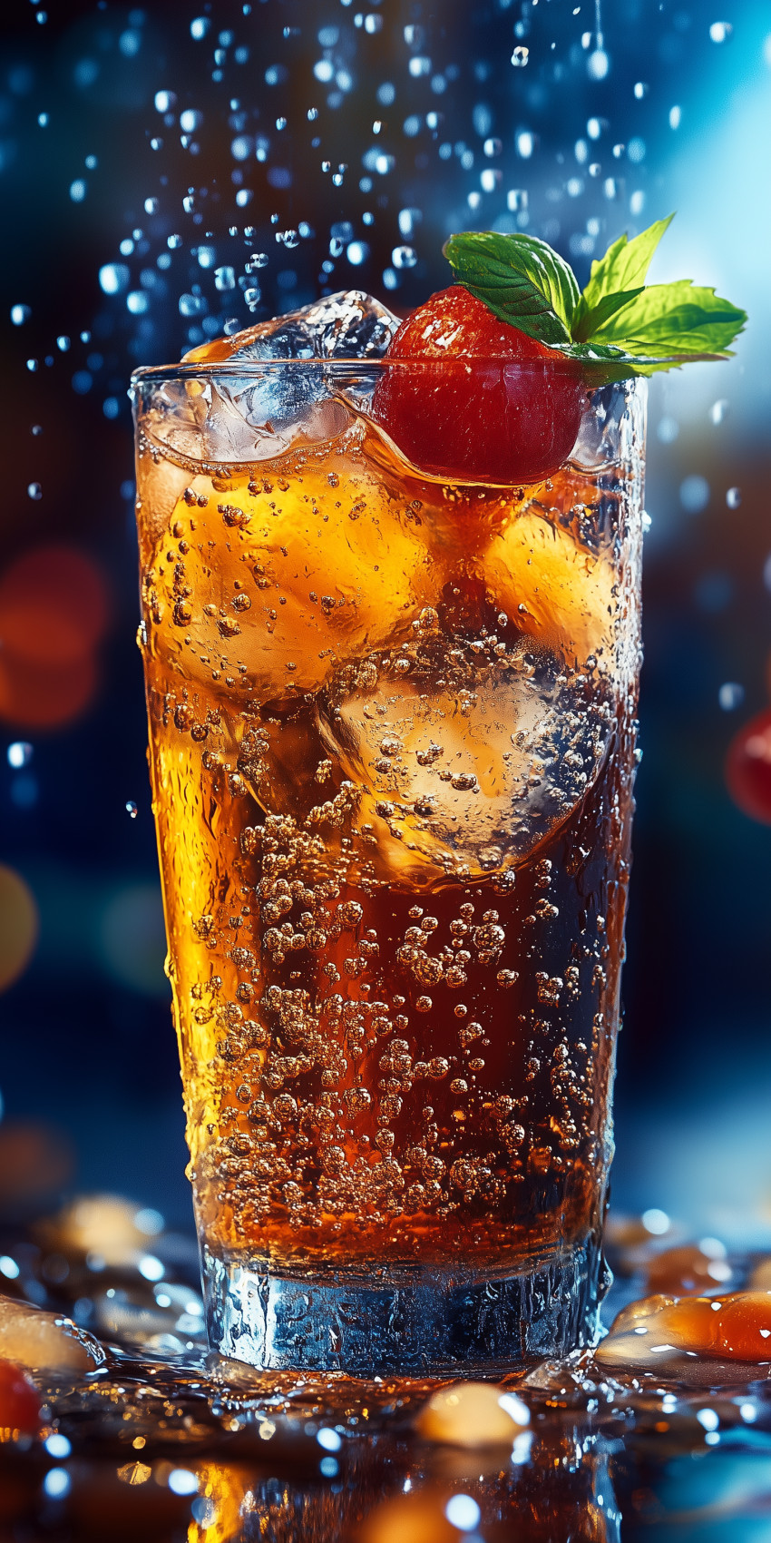 Fond d'écran Mobile Boisson Rafraîchissante : Bulles Lumineuses et Détails Gourmands