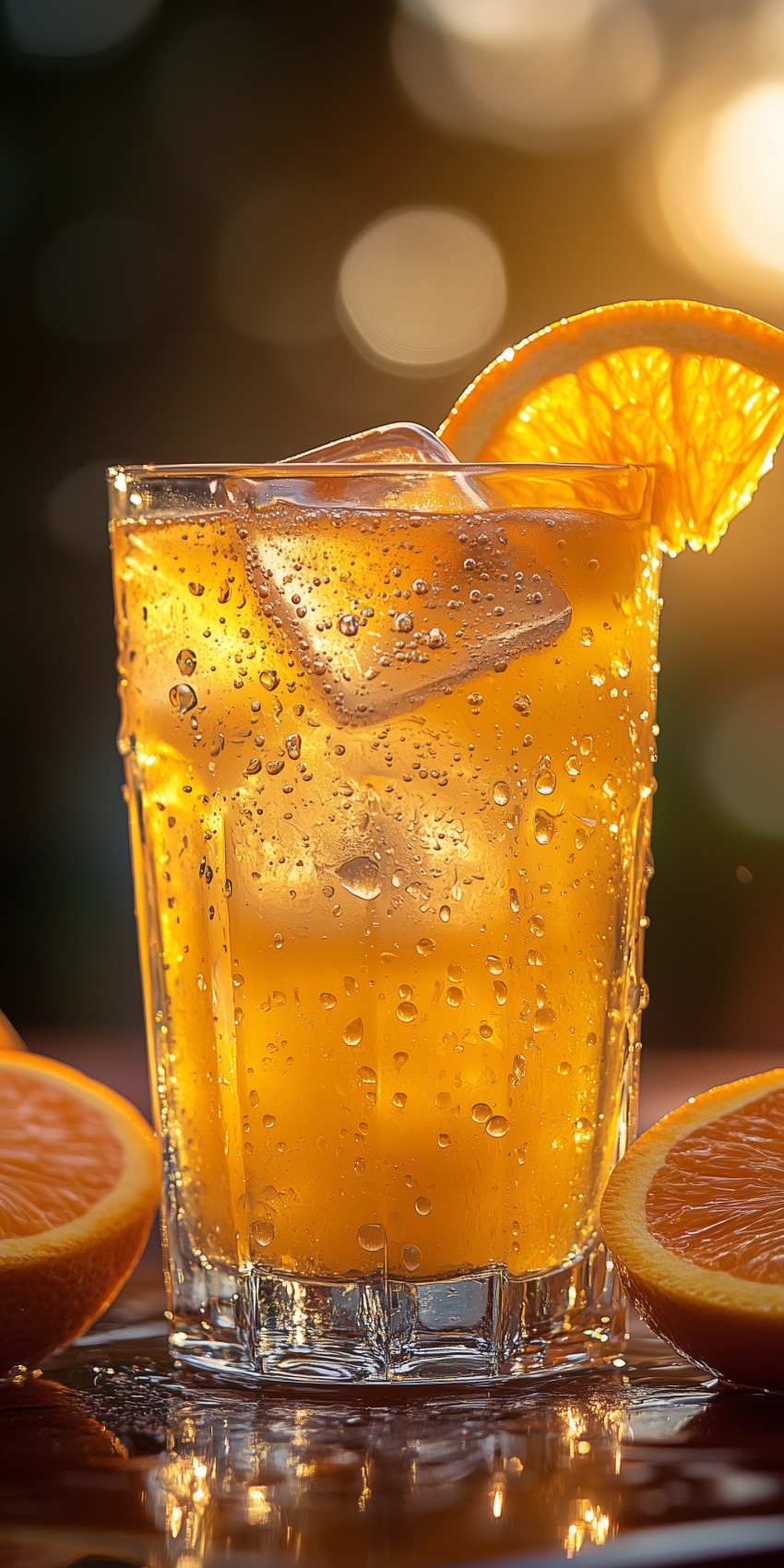 Fond d'écran Mobile Boisson à l'Orange Scintillante : Fraîcheur Agrume et Reflets Dorés
