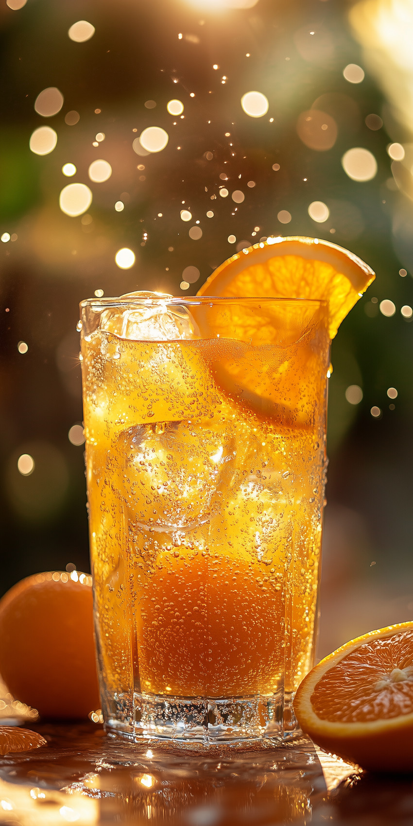 Fond d'écran Mobile Jus d'Orange Pétillant : Rayons de Soleil et Bulles Dorées
