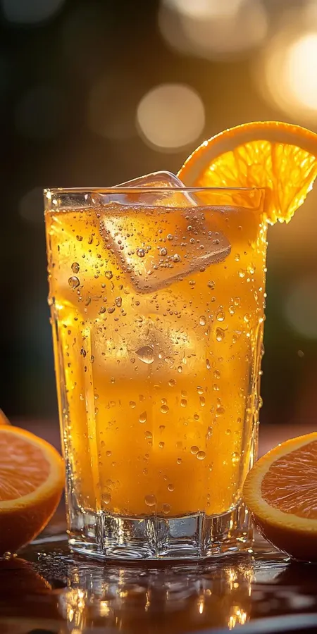 Fond d'écran Mobile Boisson à l'Orange Scintillante : Fraîcheur Agrume et Reflets Dorés