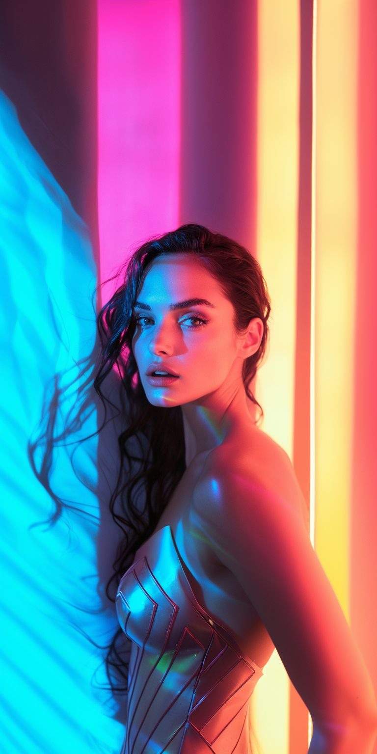 Fond d'écran Mobile Wonder Woman Gal Gadot Lumières Néon - Style Helmut Newton