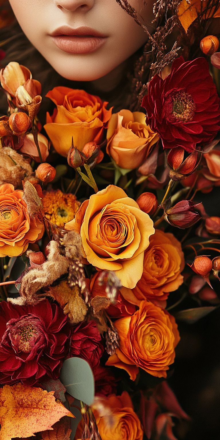 Fond d'écran Mobile Bouquet Automnal : Roses, Dahlias et Baies aux Couleurs Chaudes et Textures Riches
