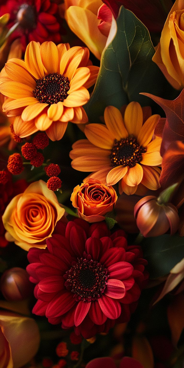 Fond d'écran Mobile Fleurs Automnales : Dahlias, Roses et Baies aux Couleurs Chaudes
