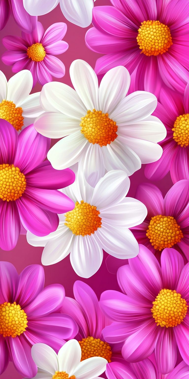 Fond d'écran Mobile Gerberas Vifs : Harmonie de Rose, Blanc et Cœurs Dorés