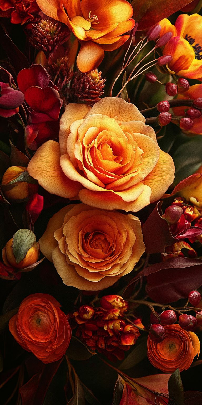 Fond d'écran Mobile Roses et Baies Automnales : Harmonie de Couleurs Chaudes
