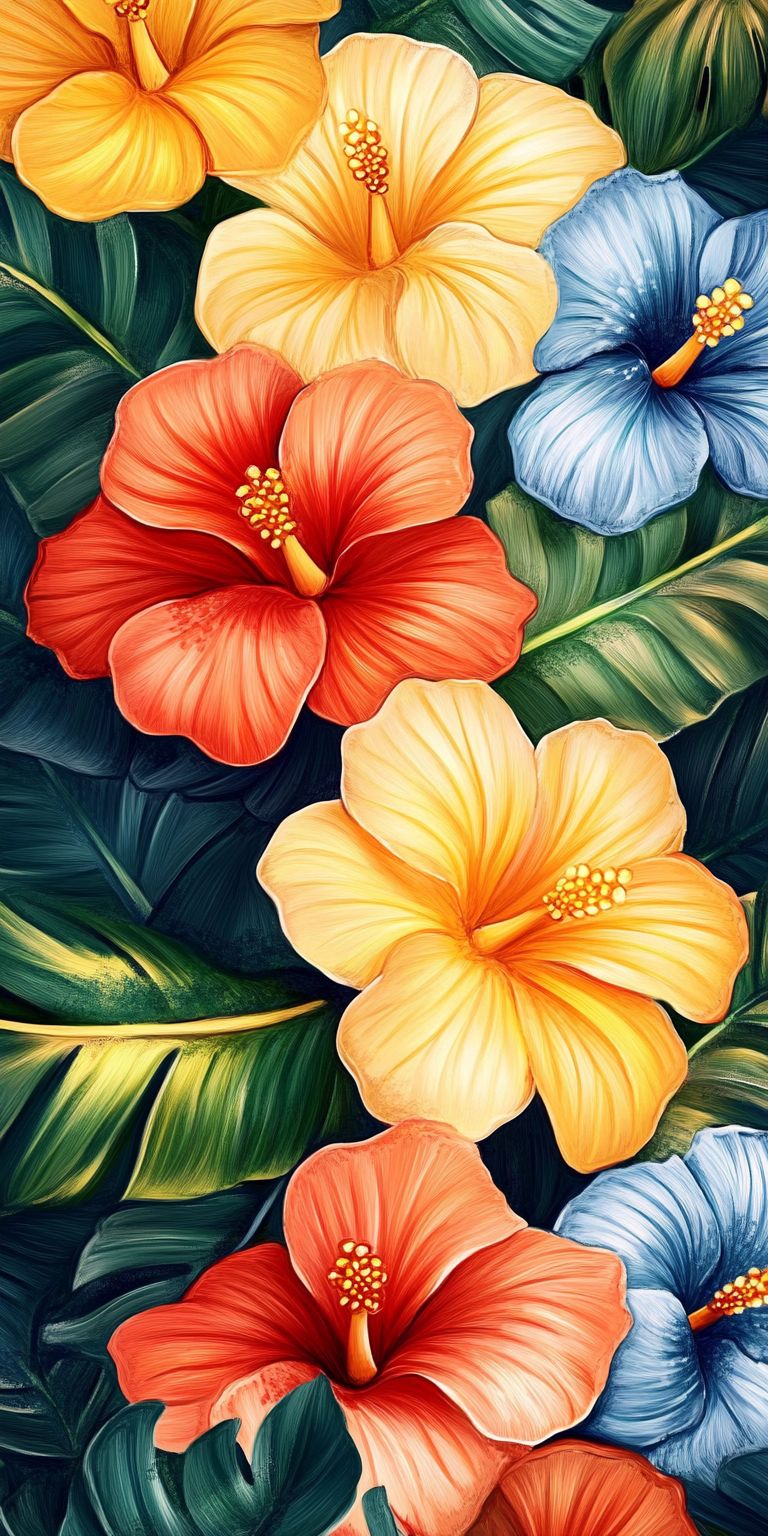 Fond d'écran Mobile Hibiscus Tropicaux : Explosion de Couleurs et Feuillage Exotique