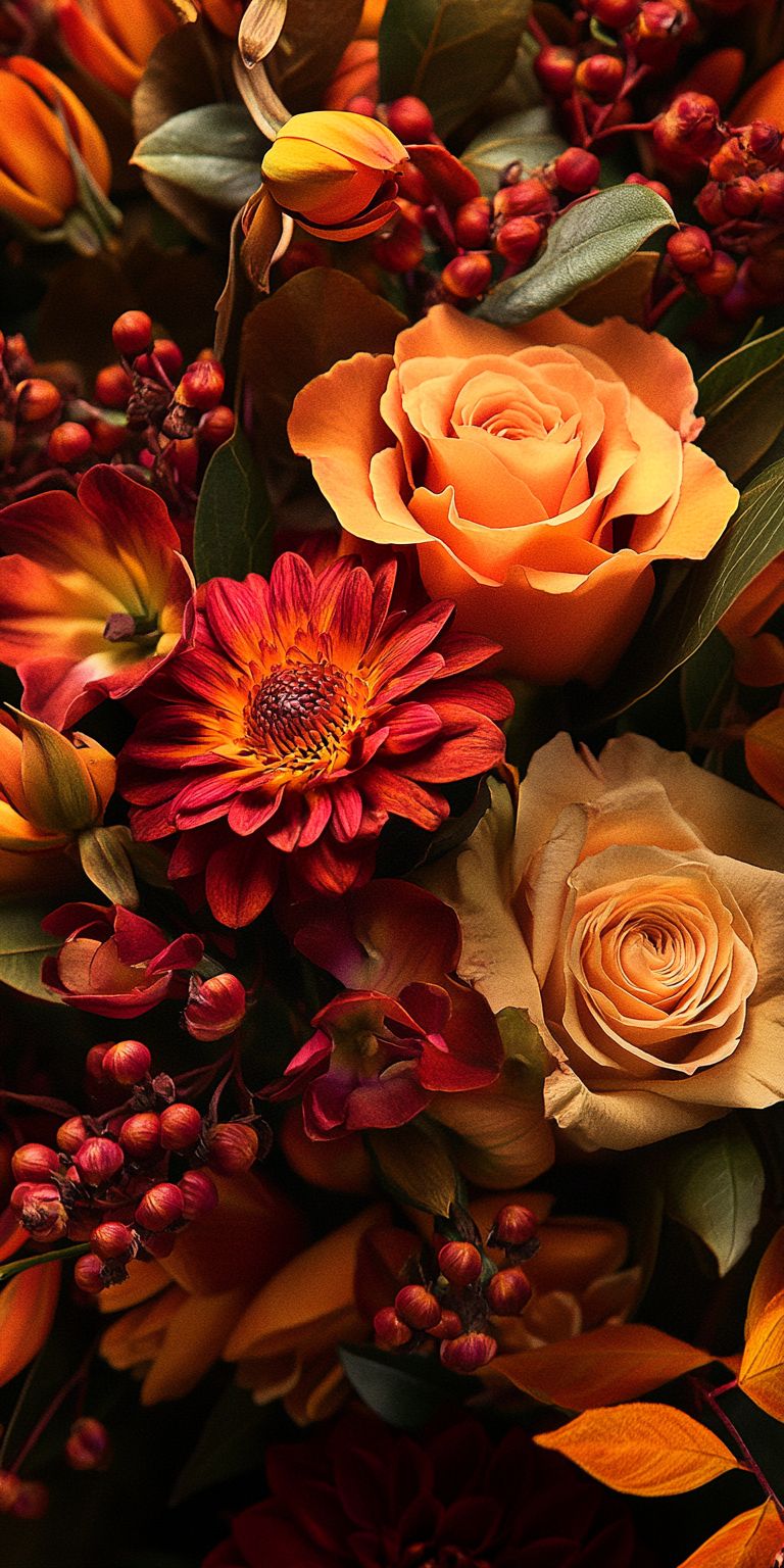 Fond d'écran Mobile Bouquet Automnal : Roses, Dahlias et Baies aux Couleurs Chaudes