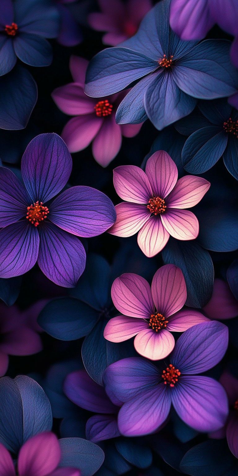 Fond d'écran Mobile Fleurs Nocturnes : Harmonie de Violet et Rose sur Fond Sombre