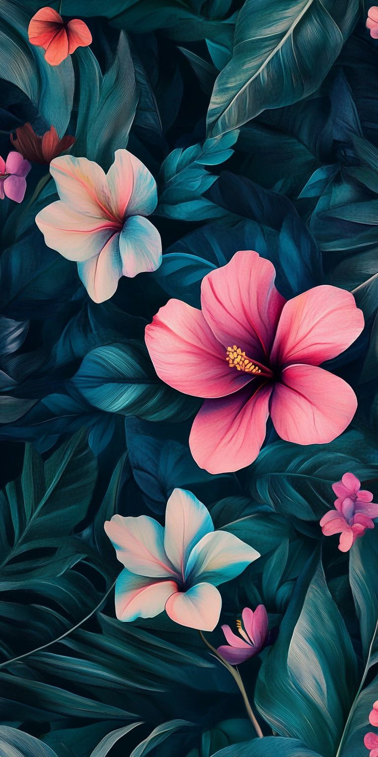 Fond d'écran Mobile Hibiscus Tropicaux : Couleurs Vives et Feuillage Luxuriant