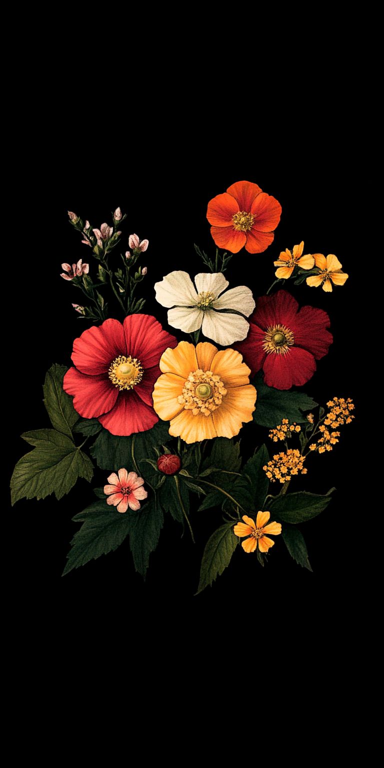 Fond d'écran Mobile Fleurs Nocturnes : Couleurs Vibrantes sur Fond Noir