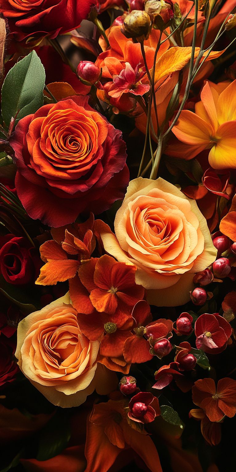 Fond d'écran Mobile Roses et Hortensias Automnaux : Explosion de Couleurs Chaudes