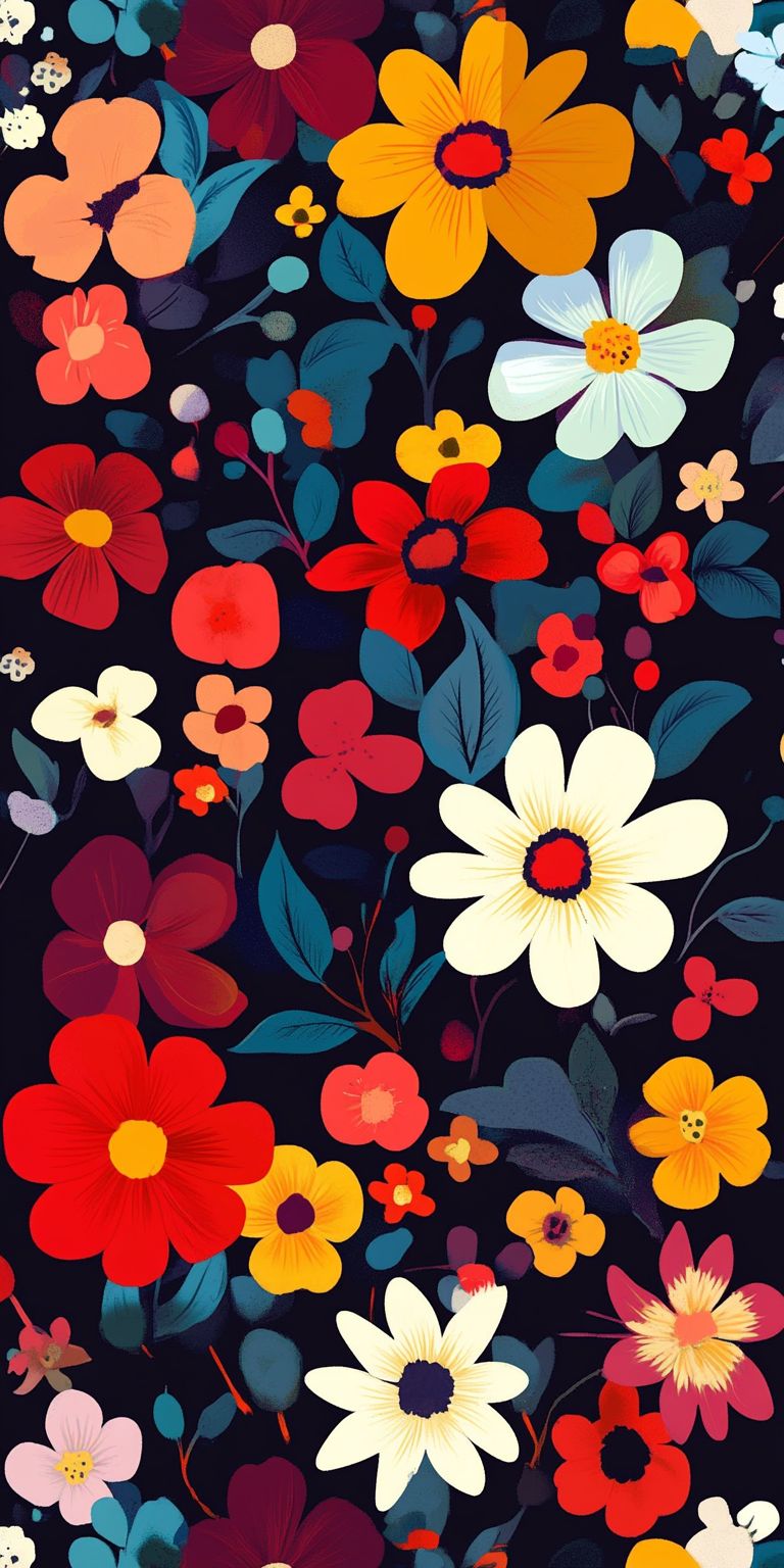 Fond d'écran Mobile Fleurs : Explosion de Couleurs et Motifs Floraux Rétro