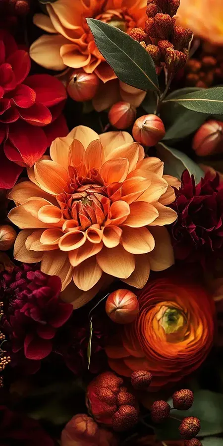 Fond d'écran Mobile Dahlias et Fleurs Automnales : Harmonie de Couleurs Chaudes et Textures