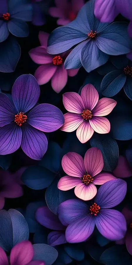 Fond d'écran Mobile Fleurs Nocturnes : Harmonie de Violet et Rose sur Fond Sombre