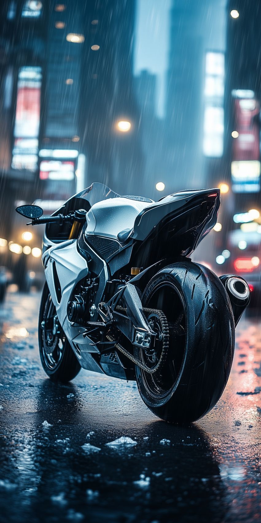 Fond d'écran mobile moto blanche sportive vue arriere centre ville