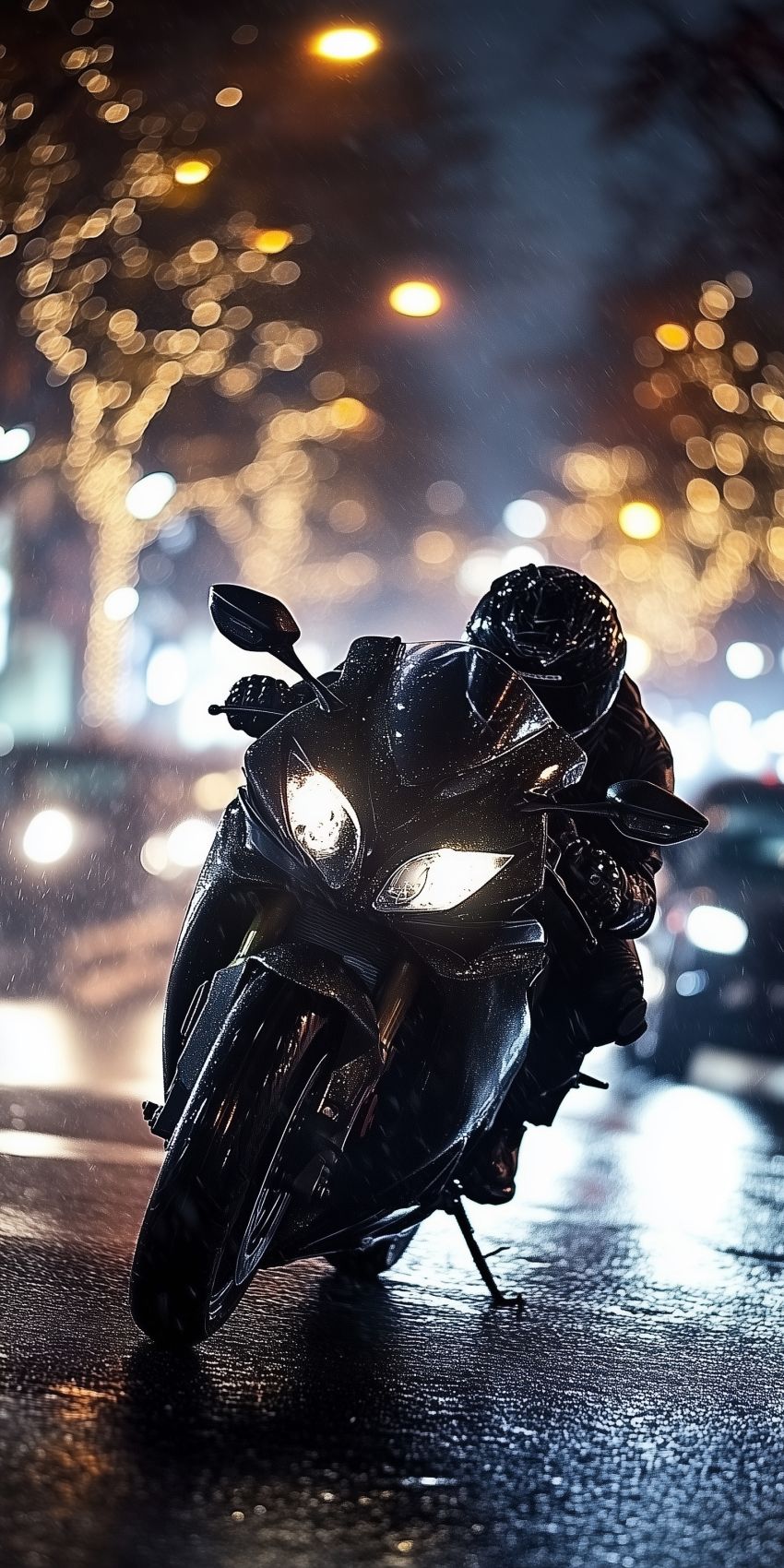 Fond d'écran mobile moto de face sur la route en ceentre ville