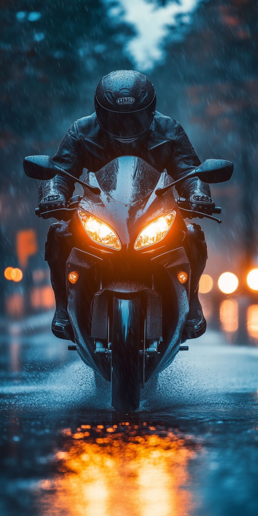 Fond d'écran mobile moto motard en centre ville de face