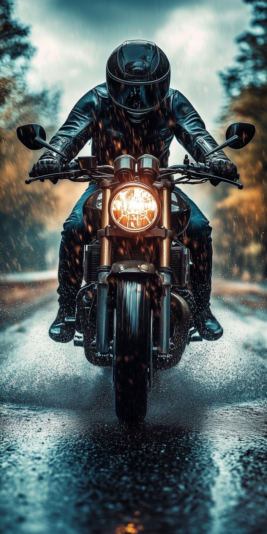 Fond d'écran mobile moto motard noir et route mouillee