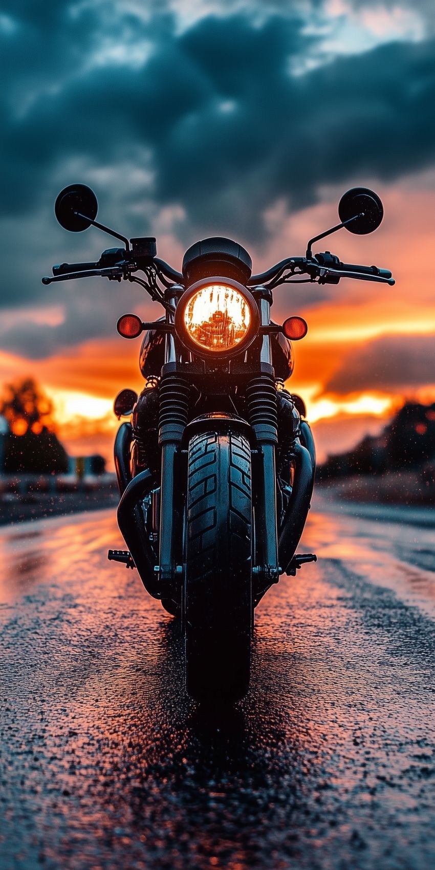Fond d'écran mobile moto noire au coucher de soleil un soir de pluie