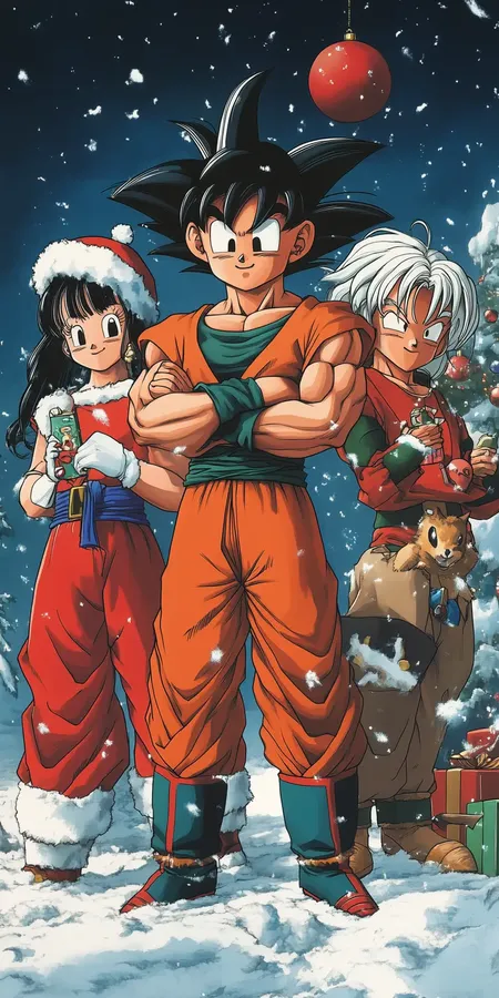 dragonball z noel avec sapins cadeaux et boules