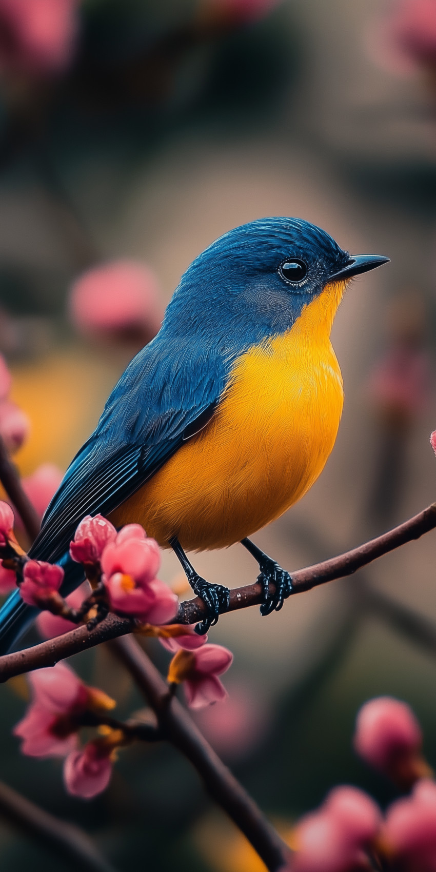 Fond d'écran Mobile Oiseau Bleu et Jaune sur Branche Fleurie : Éclat Printanier et Détails Vifs