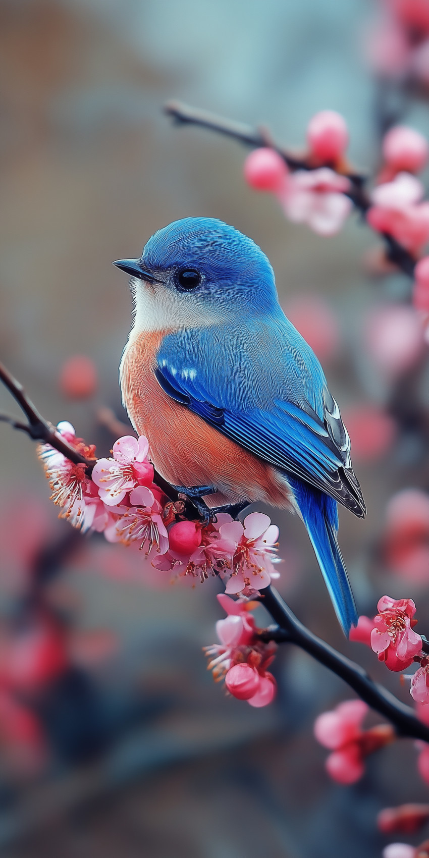 Fond d'écran Mobile Oiseau Bleu et Abricot sur Fleurs Roses : Douceur Printanière et Détails Délicats