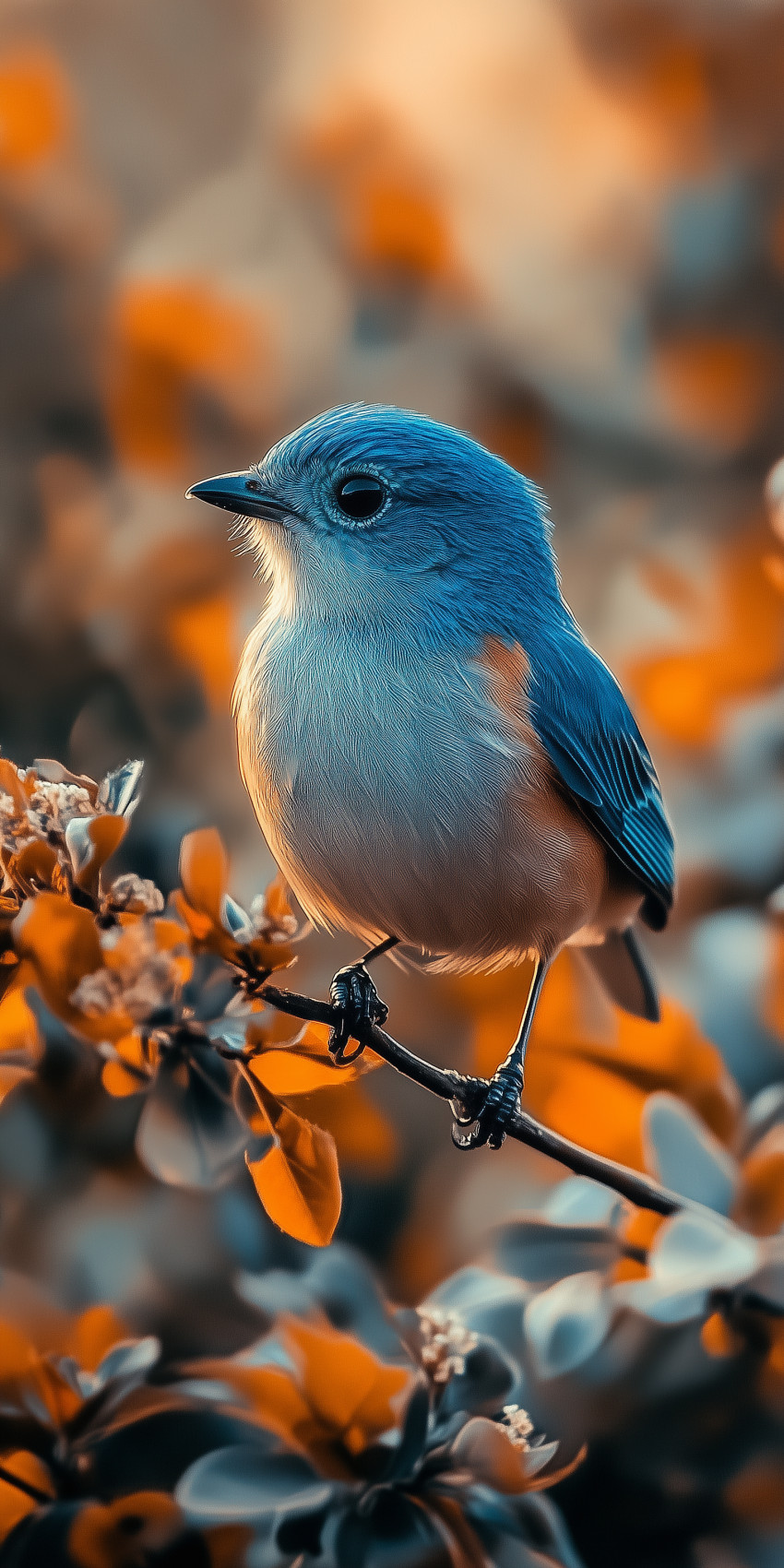 Fond d'écran Mobile Oiseau Bleu et Abricot sur Branche : Douceur Automnale et Détails Lumineux