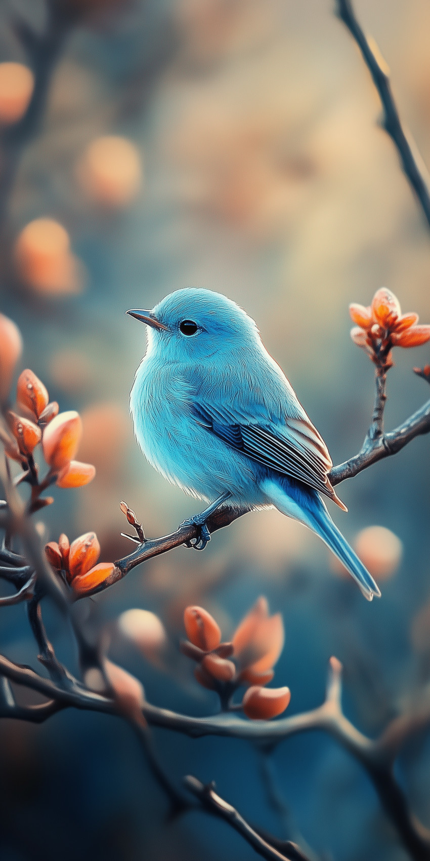 Fond d'écran Mobile Oiseau Bleu Ciel sur Branche Fleurie : Douceur Crépusculaire et Détails Délicats