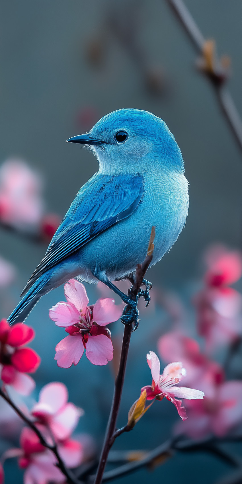 Fond d'écran Mobile Oiseau Bleu sur Branche Fleurie : Douceur Printanière et Détails Délicats