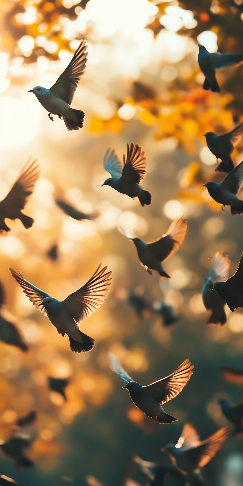 Fond d'écran Mobile Vol d'Oiseaux Silhouettes : Harmonie Automnale et Mouvement Naturel