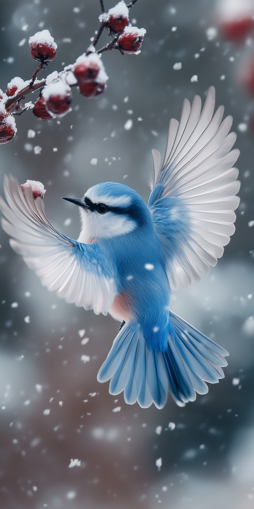 Fond d'écran Mobile Mésange Bleue en Vol Sous la Neige : Douceur Hivernale et Détails Délicats